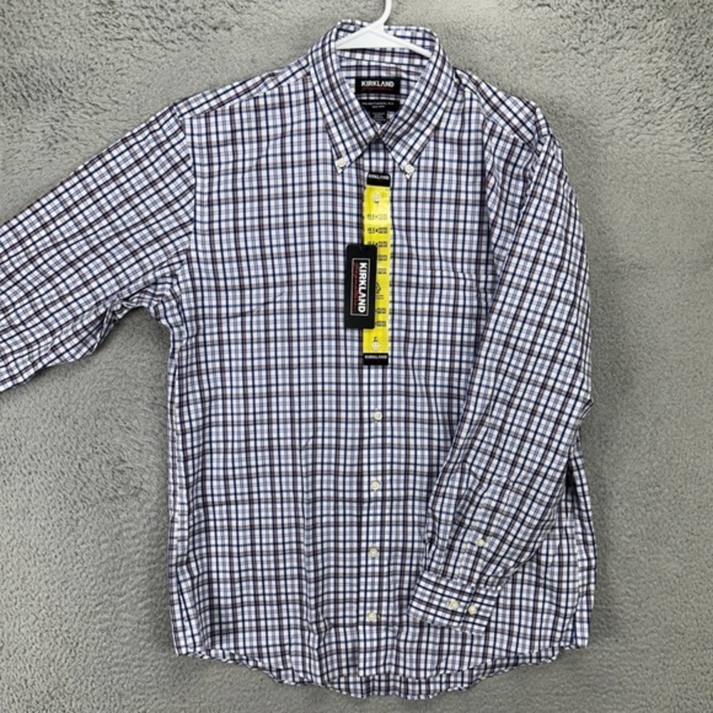 Kirkland Pima Cotton Shirt Dress Men 15.5 32-33 Blue Brown Plaid Traditional NEW